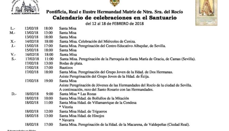 Calendario de Celebraciones en el Santuario del Rocío del 12 al 18 de febrero de 2018