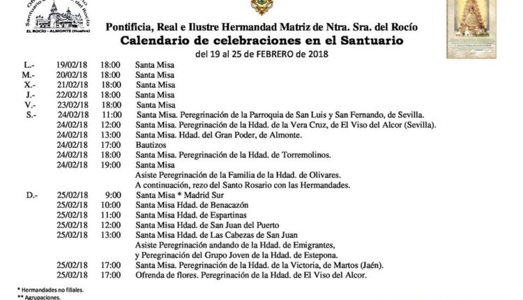 Calendario de Celebraciones en el Santuario del Rocío del 19 al 25 de febrero de 2018