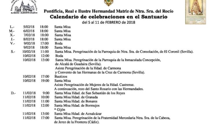 Calendario de Celebraciones en el Santuario del Rocío del 5 al 11 de febrero de 2018