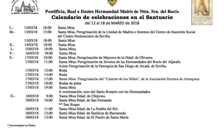 Calendario de Celebraciones en el Santuario del Rocío del 12 al 18 de marzo de 2018