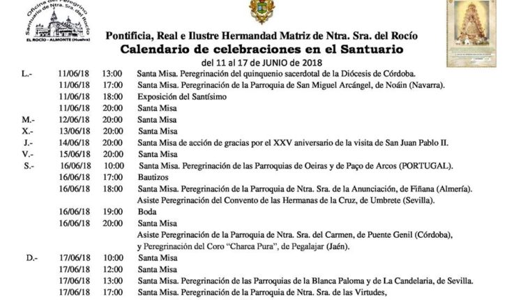Calendario de Celebraciones en el Santuario del Rocío del 11 al 17 de junio de 2018