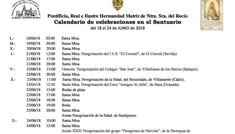 Calendario de Celebraciones en el Santuario del Rocío del 18 al 24 de junio de 2018