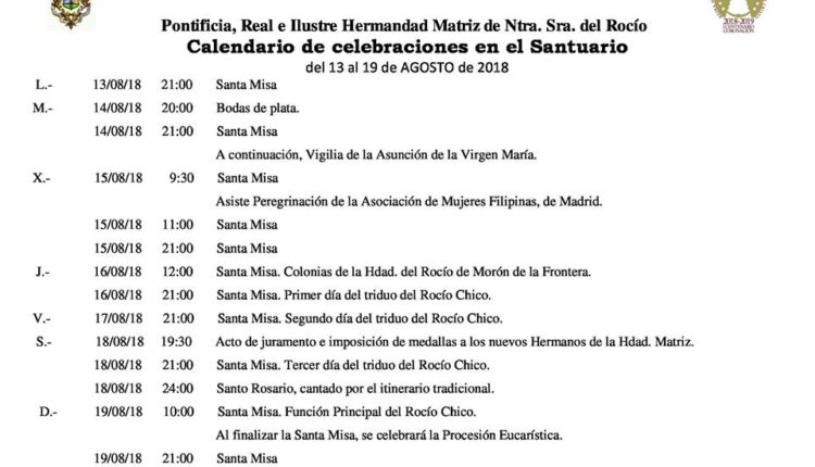 Calendario de Celebraciones en el Santuario del Rocío del 13 al 19 de agosto de 2018