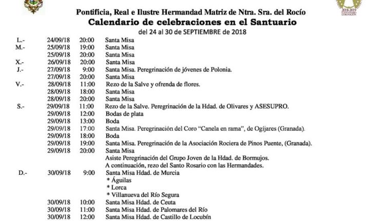Calendario de Celebraciones en el Santuario del Rocío del 24 al 30 de septiembre de 2018