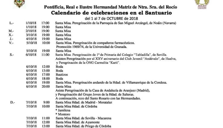 Calendario de Celebraciones en el Santuario del Rocío del 1 al 7 de octubre de 2018