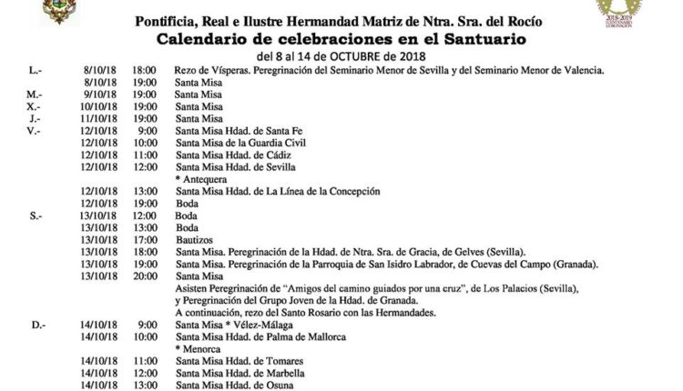 Calendario de Celebraciones en el Santuario del Rocío del 8 al 14 de octubre de 2018