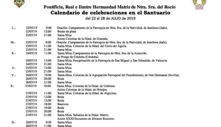Calendario de Celebraciones en el Santuario del Rocío del 22 al 28 de julio de 2019