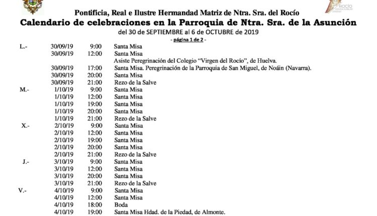 Calendario de Celebraciones en la Parroquia de la Asunción del 30 de septiembre al 6 de octubre de 2019