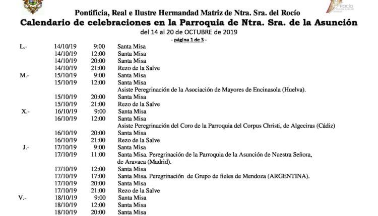 Calendario de Celebraciones en la Parroquia de la Asunción de Almonte del 14 al 20 de octubre de 2019