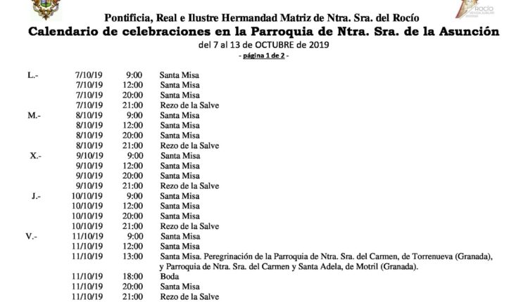 Calendario de Celebraciones en la Parroquia de la Asunción del 7 al 13 de octubre de 2019