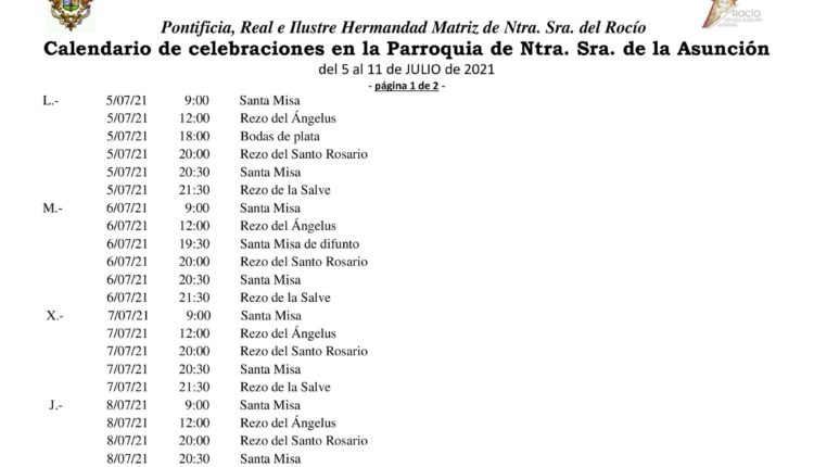 El Rocío – Calendario de celebraciones para la semana del 5 al 11 de julio 2021