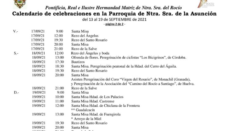 El Rocío – Calendario de celebraciones para la semana del 13 al 19 de septiembre,