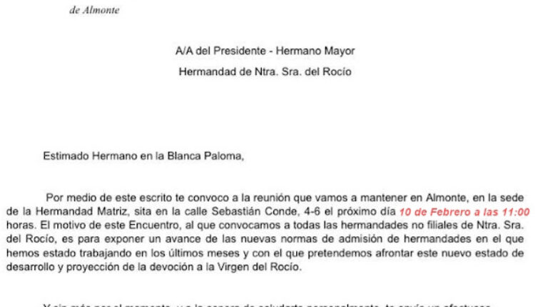Hermandad Matriz – Citación a las Hdades. No Filiales a una reunión en la sede de la Hdad. Matriz
