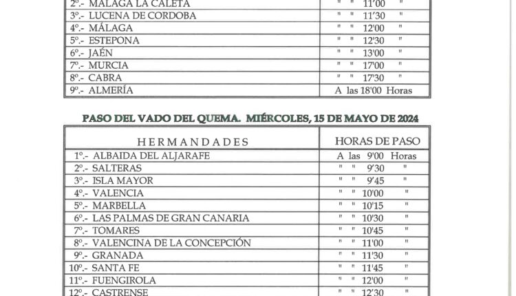 Horarios de Paso Rocío 2024 por Vado de Quema, Palacio y  Puente Ajolí